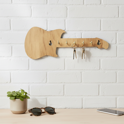 Wooden guitar-shaped wall key holder with 6 metal hooks