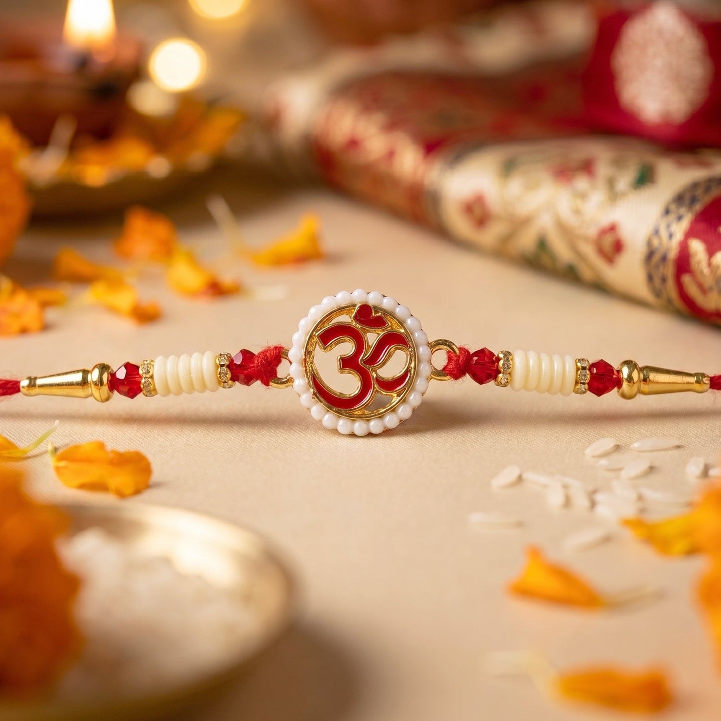OM Symbol Pearl Frame Rakhi Elegant Traditional Design for Raksha Bandhan (5pcs)