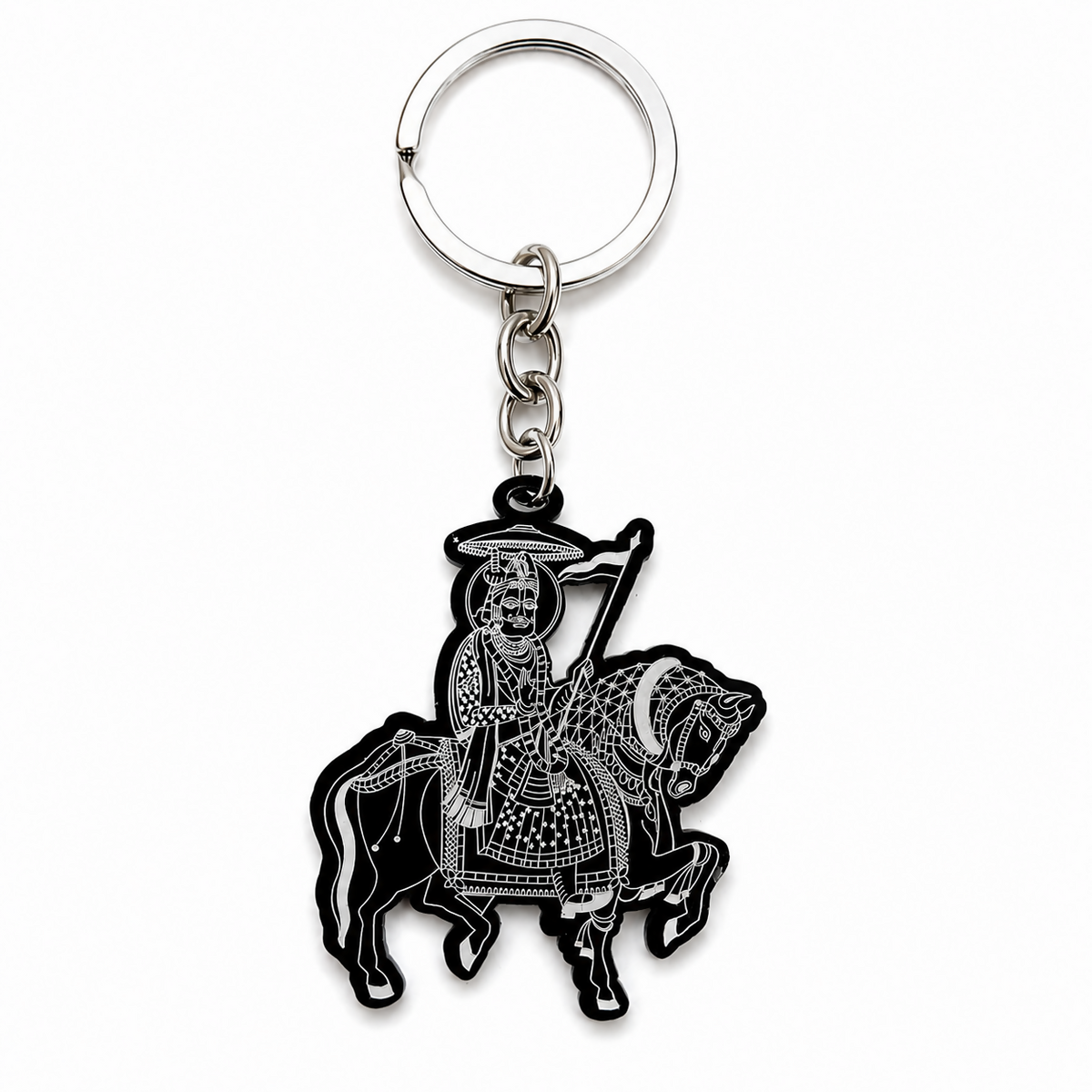 Angle view of the horse rider keychain highlighting the contrasting linework