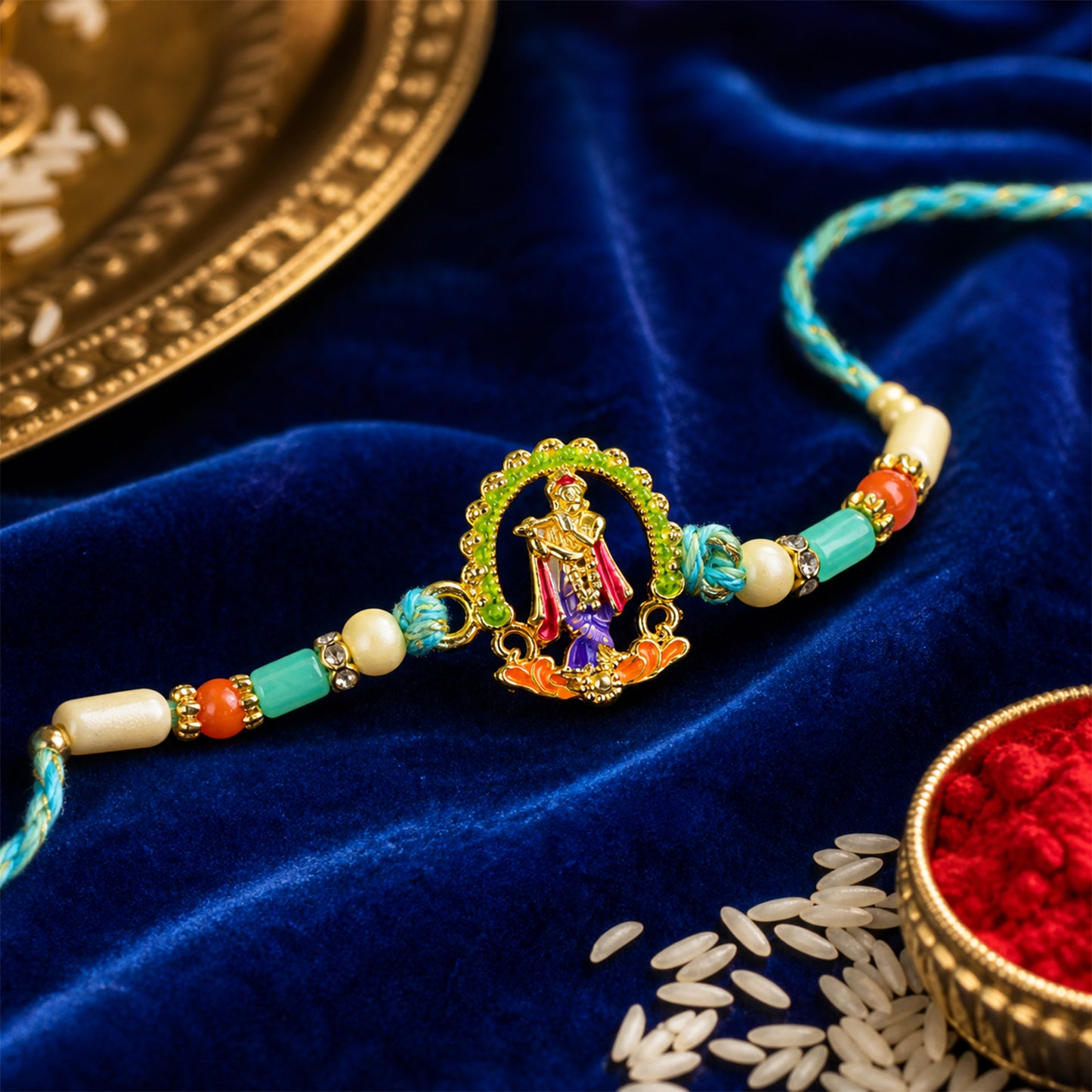 Lord Krishna Flute Arch Pendant Rakhi with Pastel Beads