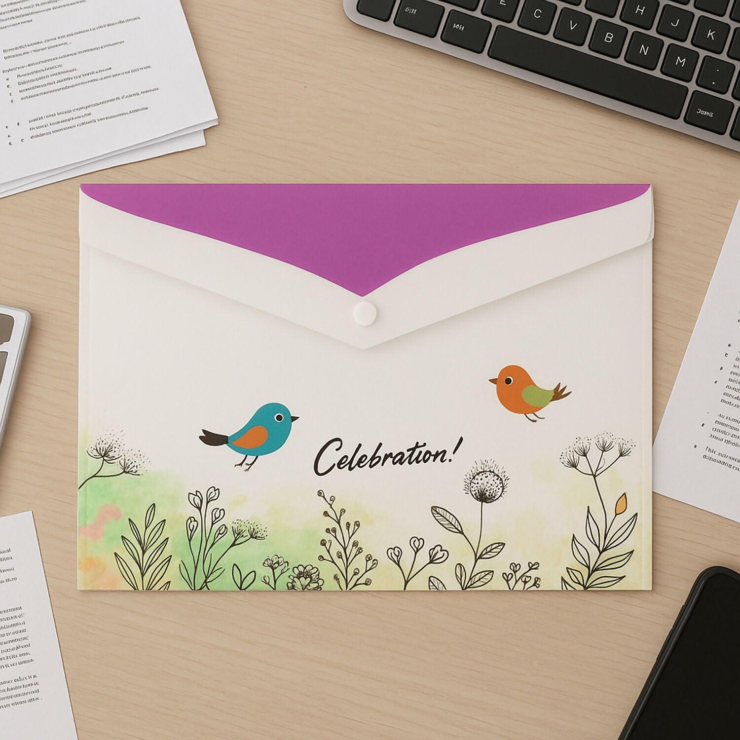 Mix Design Printed A4 Document Folder – Decorative Button Closure File with Bird & Floral Design (1 Pc)
