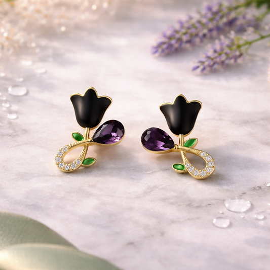 Elegant Black Floral Stud Earrings for Women | Gold Plated Crystal Drop Design