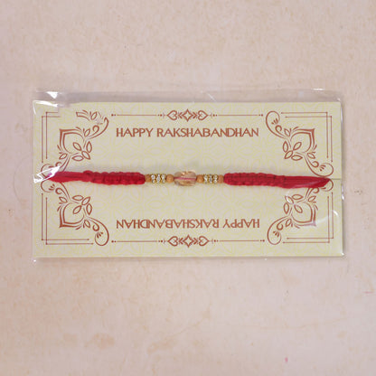 Red Thread Rakhi with Wooden Beads and a Sparkling Crystal Accent