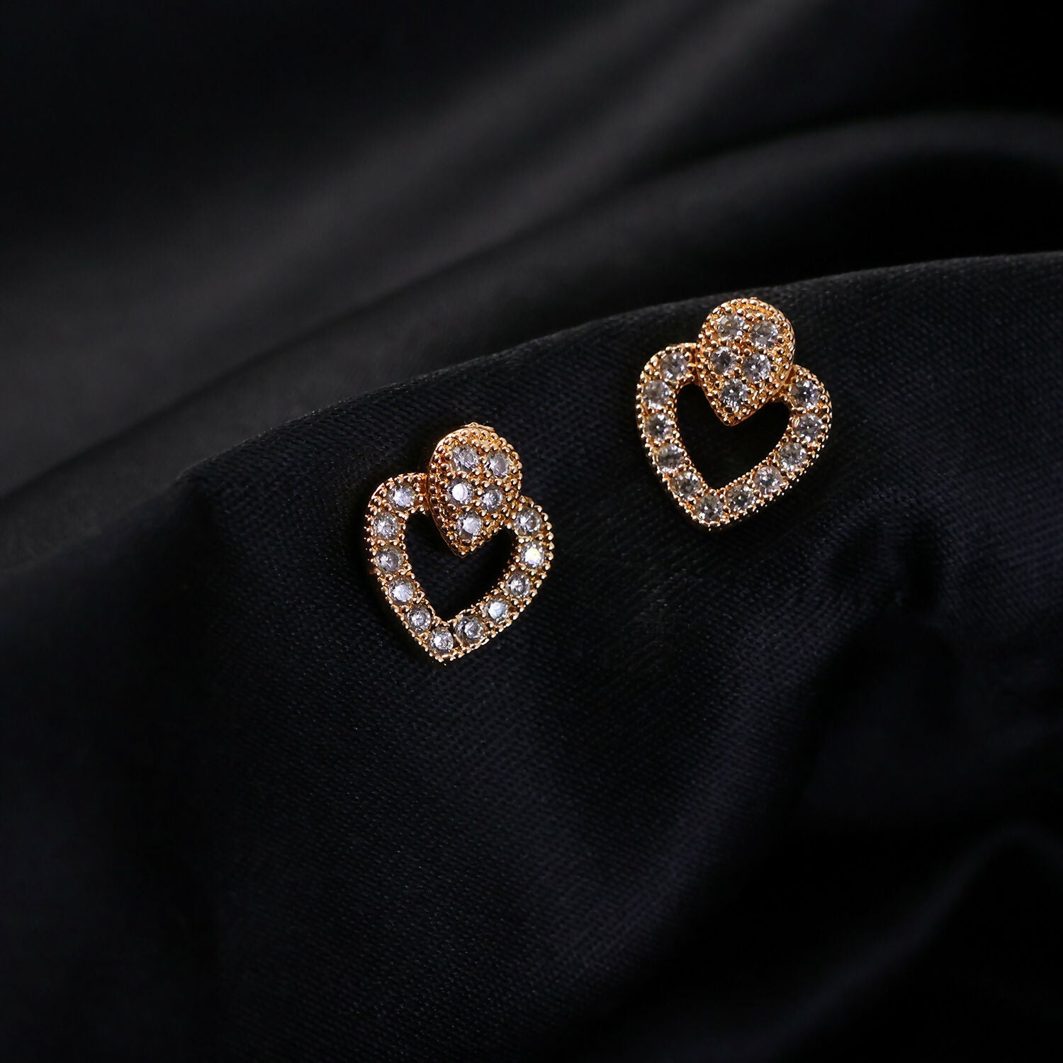 Double Heart Crystal Stud Earrings For Woman & Girl – Elegant Heart Motif Design