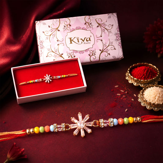 Rose Gold Sunburst Crystal Rakhi with Baguette AD Stones and Rainbow Pastel Beads