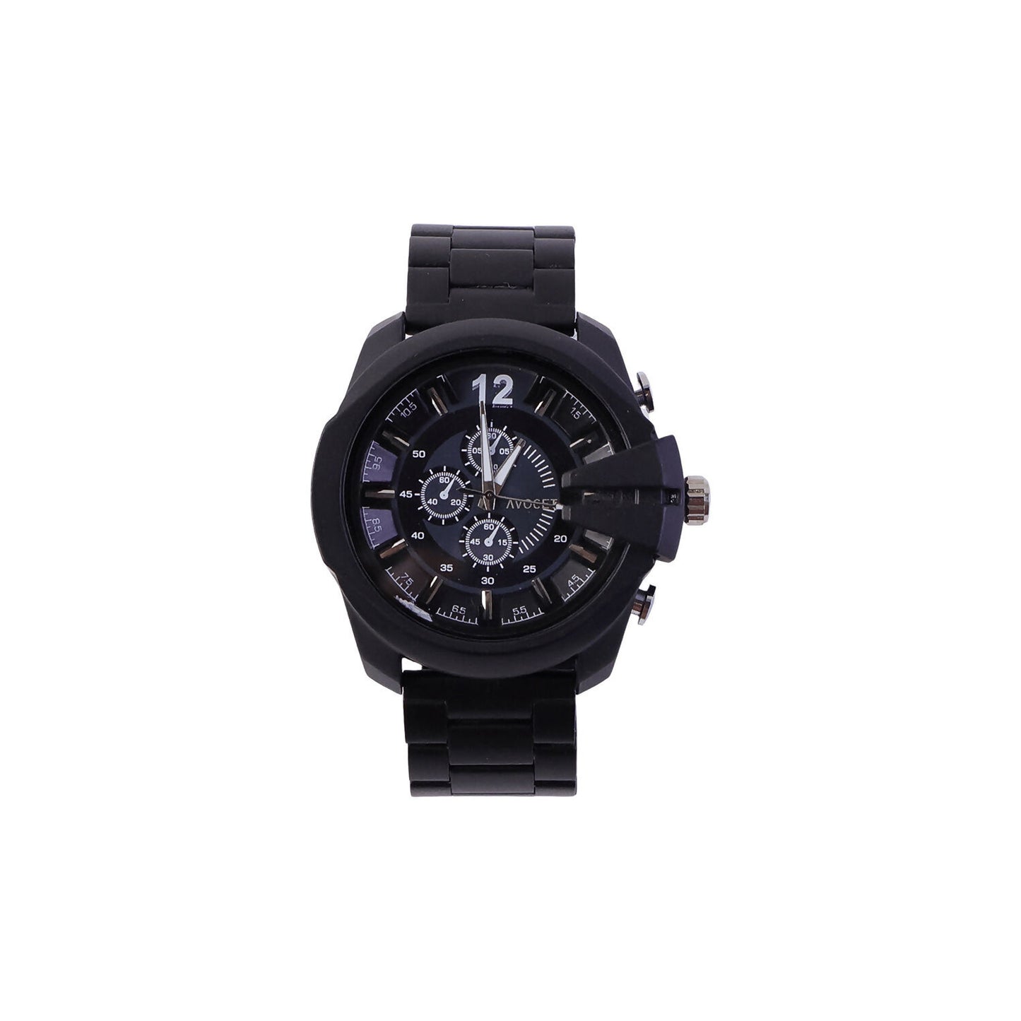 Black wrist watch worn on wrist with formal attire