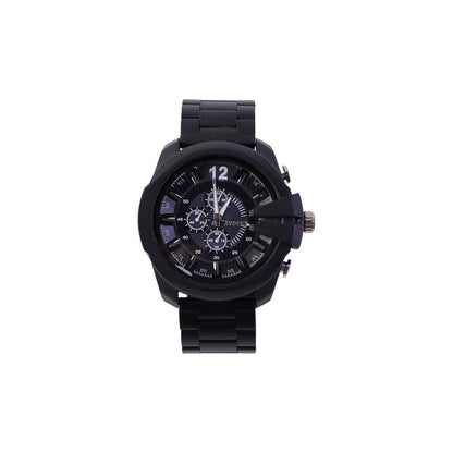 Black wrist watch worn on wrist with formal attire
