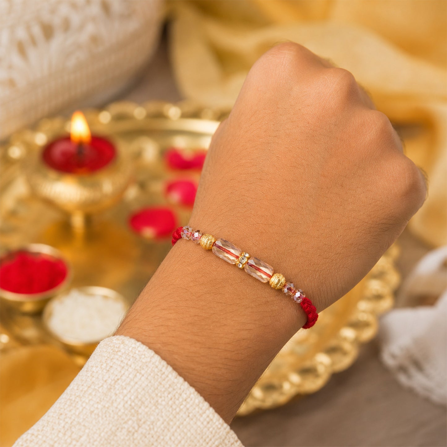 Red Thread Rakhi with Crystal Bead Pendant and Golden Bead Accents