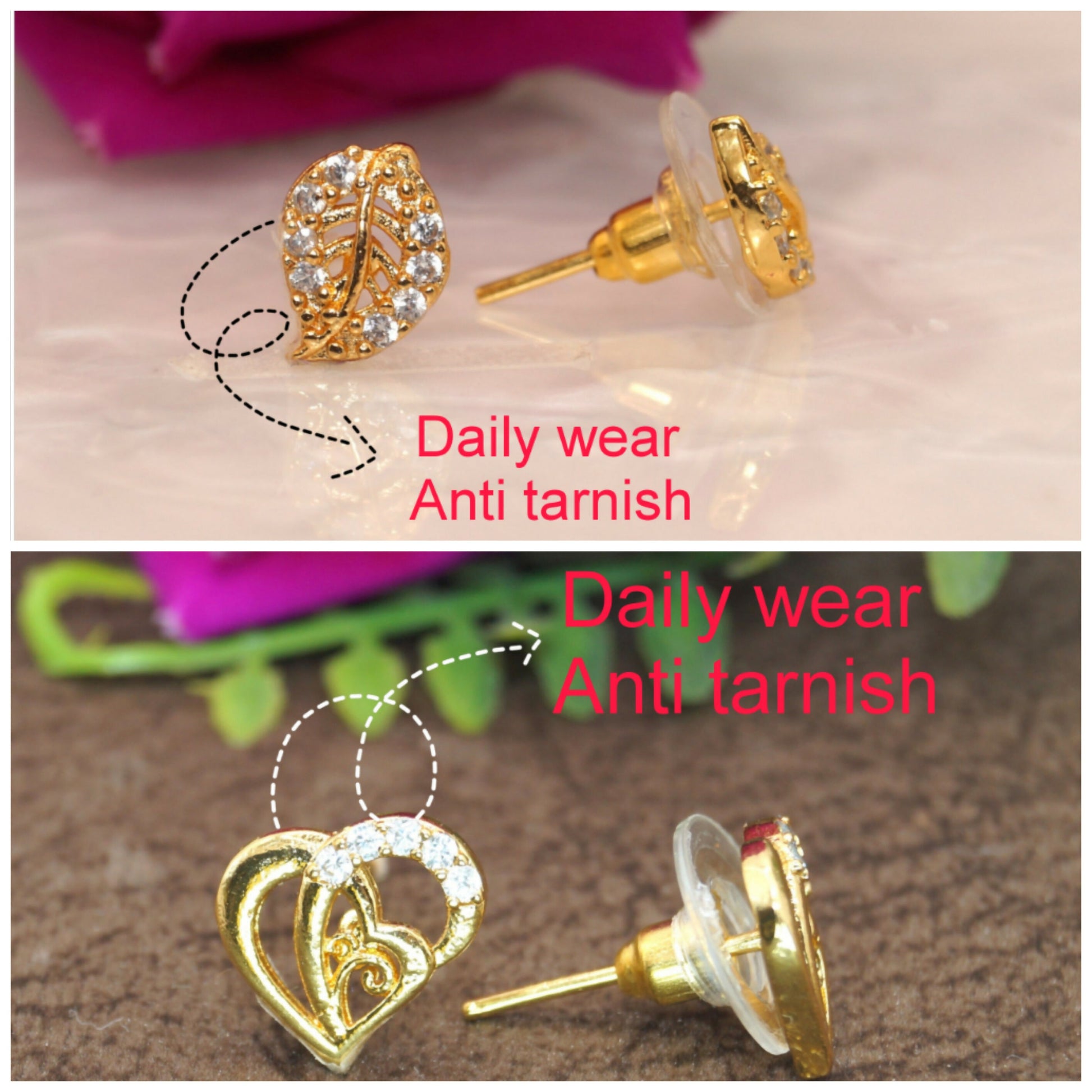 Gold Plated AD Stud Earrings Combo: Heart & Leaf Designs for women and girls Combo Pack of 2