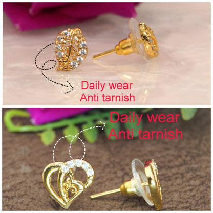 Gold Plated AD Stud Earrings Combo: Heart & Leaf Designs for women and girls Combo Pack of 2