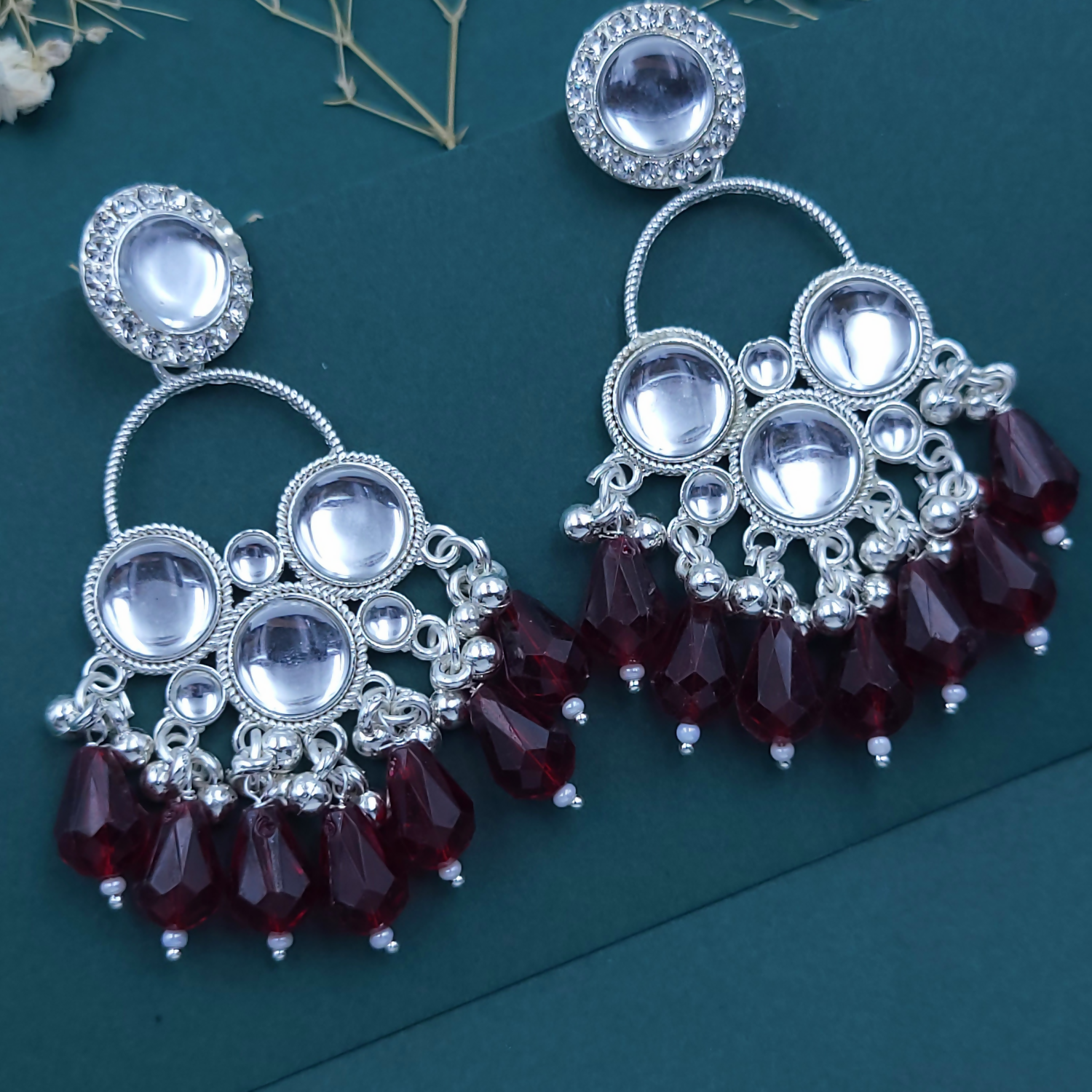 Kundan Maroon Pearl Silver Plated Chandbali Earrings Agate Alloy Chandbali Earring