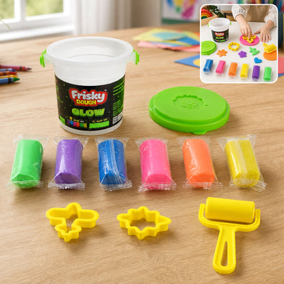 Glow Play Dough Bucket Set 120g with 6 Colour Doughs, Shape Molds & Roller for Kids