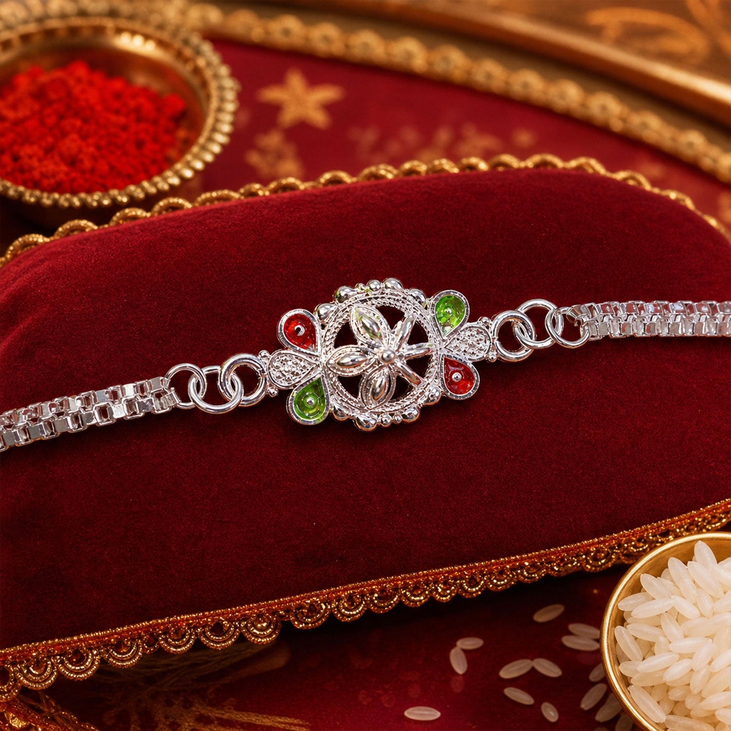Silver Chain Rakhi for Brothers Floral Enamel Design (5pcs)