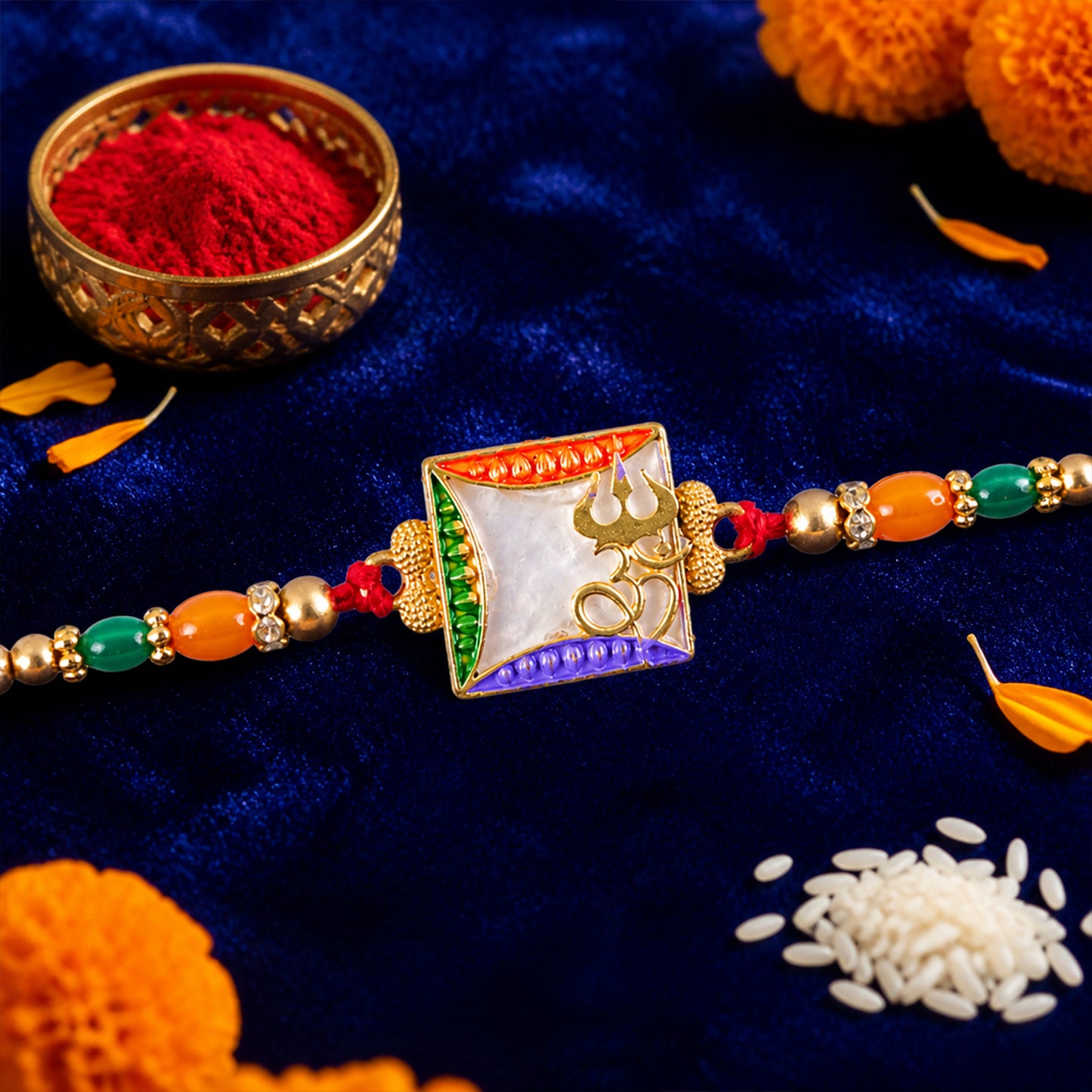 Elegant Rakhi with Square Floral Charm, bead line and chain look for Gift Styling