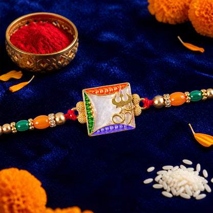 Elegant Rakhi with Square Floral Charm, bead line and chain look for Gift Styling
