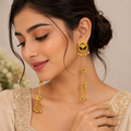 Ethnic Gold-Tone Artificial Long Chain Earrings with Purple Meenakari Work & Ghungroo Tassels (Imitation Jewellery)