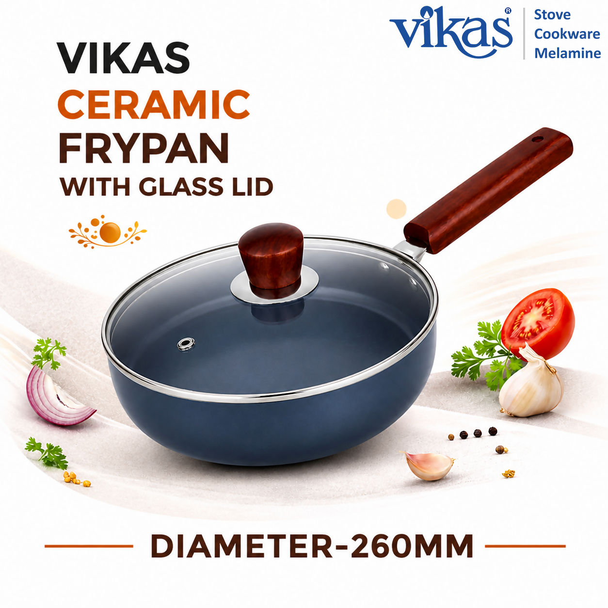 Vikas Ceramic Frypan with Glass Lid displayed on stove