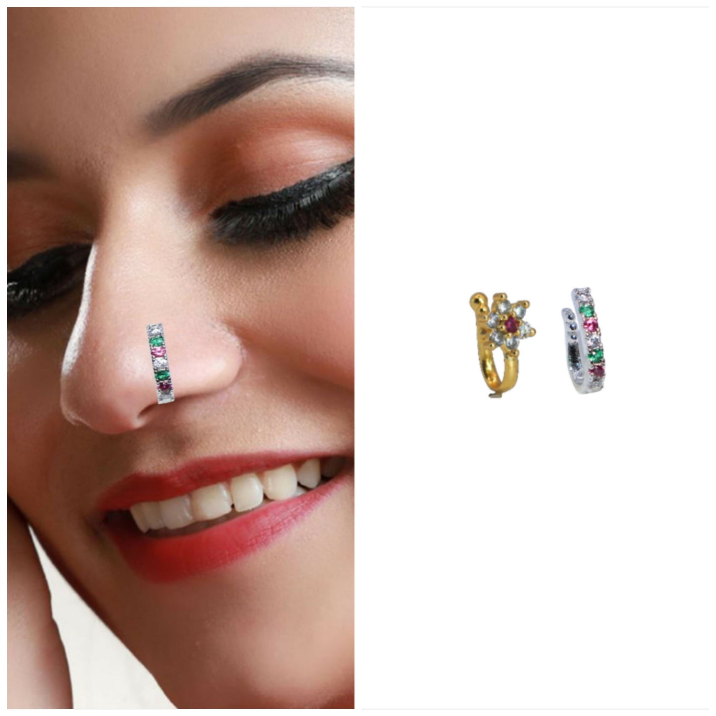 Adjustable no-piercing nose cuff set featuring gold floral and silver gemstone bands