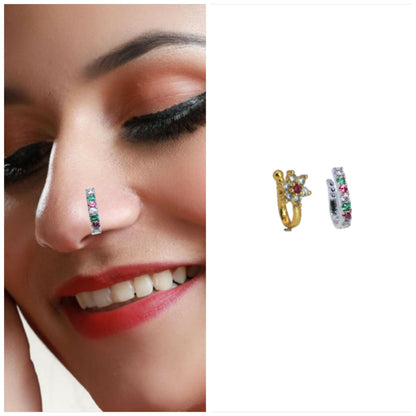 Adjustable no-piercing nose cuff set featuring gold floral and silver gemstone bands