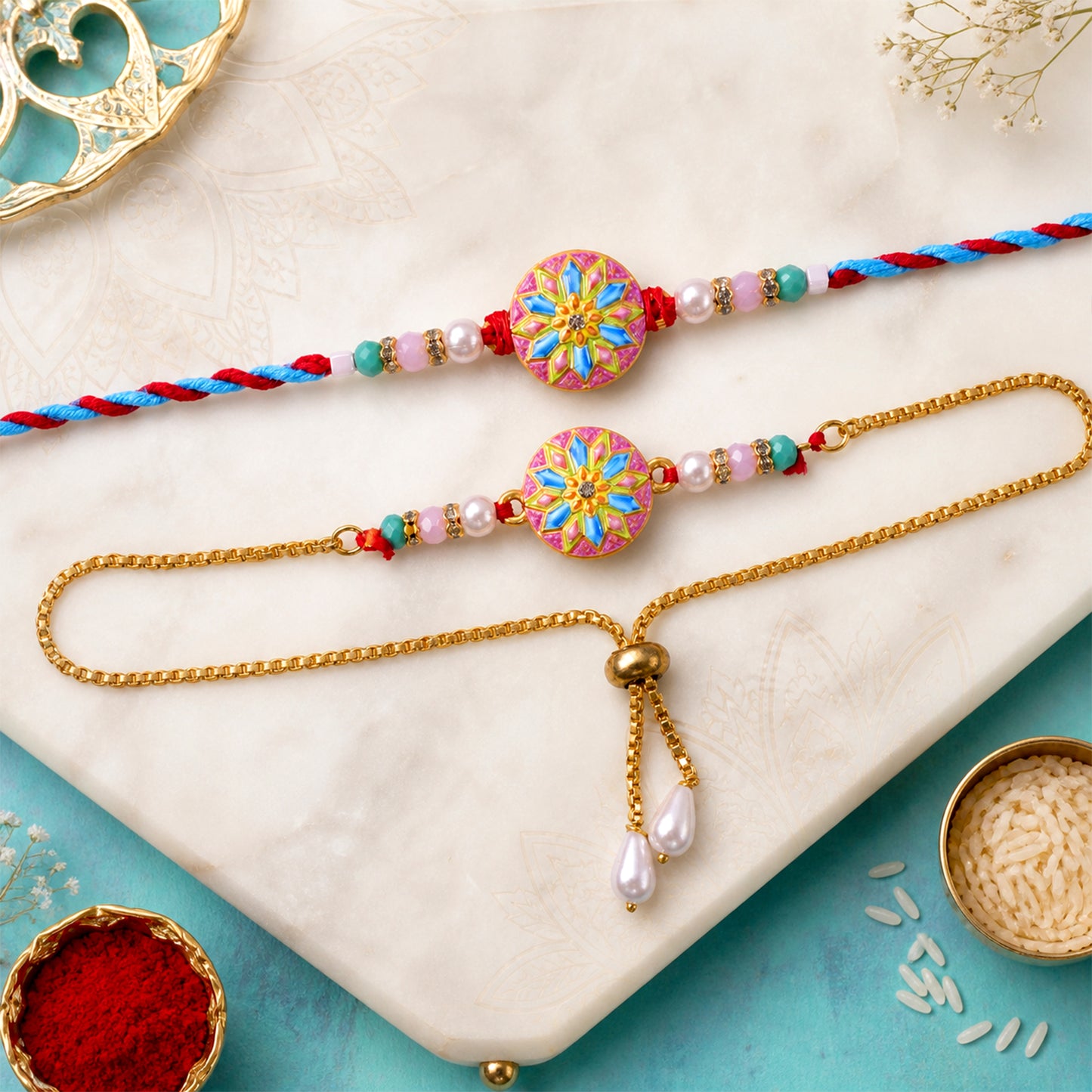 Starburst Meenakari Bhai Bhabhi Lumba Rakhi with Pearl Tassels