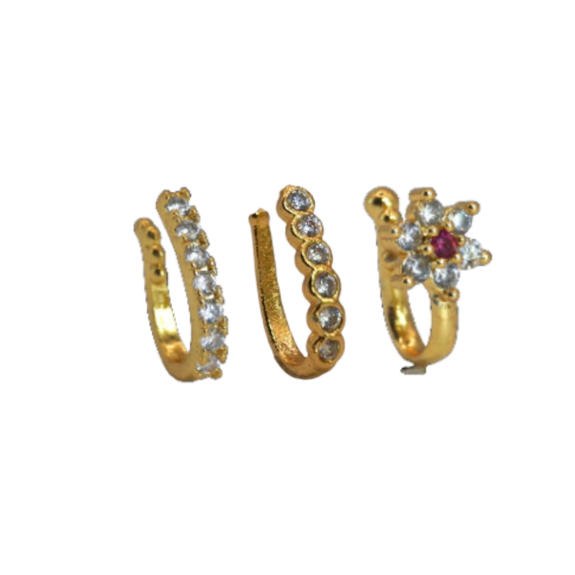 Ruby CZ Gold Plated Non-Piercing Flower Nose Ring/Clip-On Nath Combo Pack of 3
