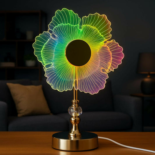 Luxury Crystal Base LED Acrylic Flower Table Lamp with Multicolor 3D Illusion Light, Modern Decorative Bedside Night Lamp for Bedroom, Living Room & Gifting