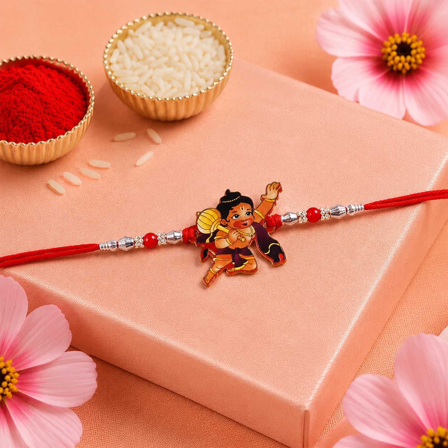 Little Hanuman Rakhi with Red Thread and Silver Bead Chain