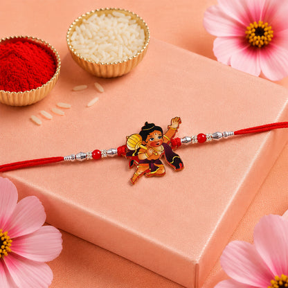 Little Hanuman Rakhi with Red Thread and Silver Bead Chain