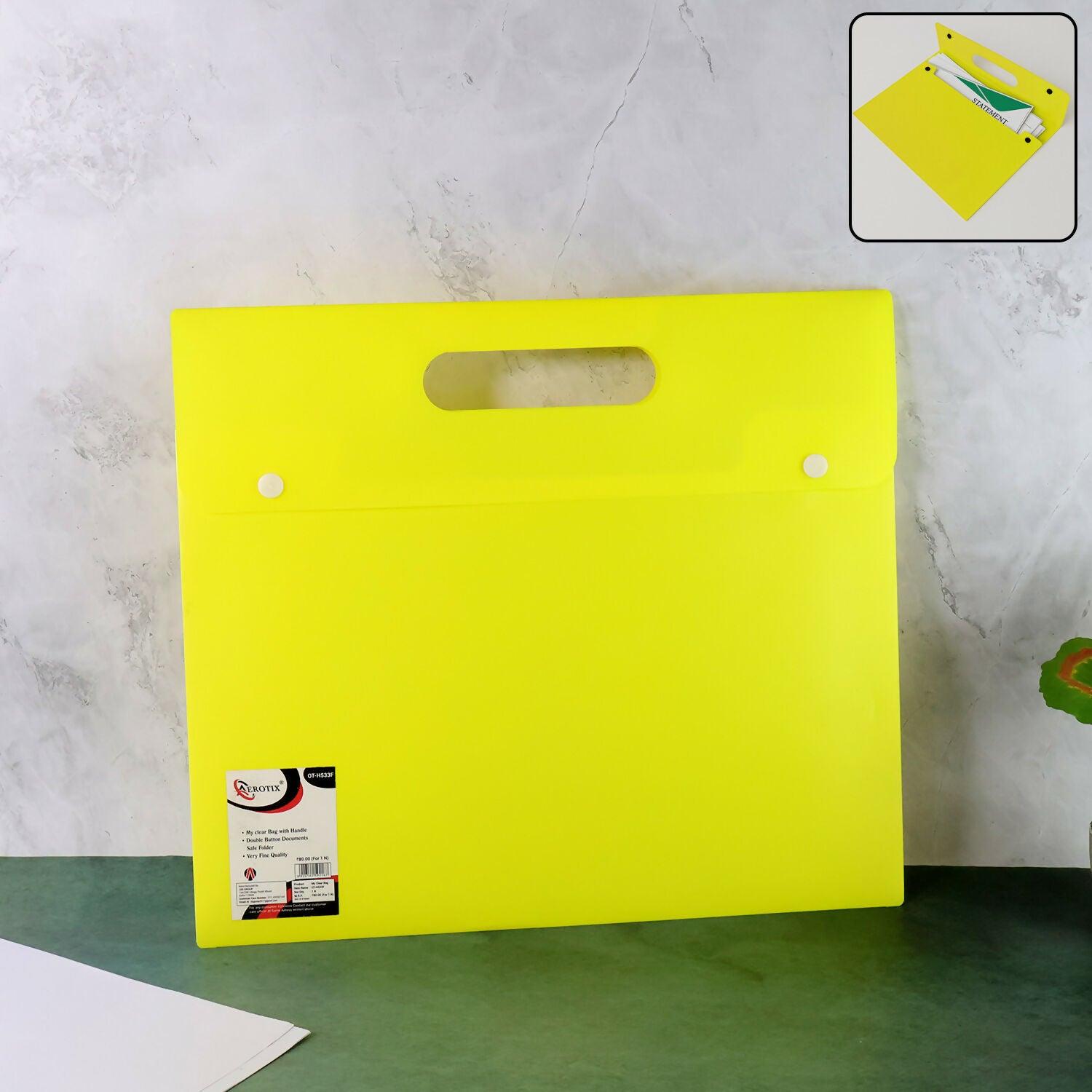 Mix Design A4 Plastic Document Folder with Handle – Button Closure Carry File for Office & School (1 Pc)