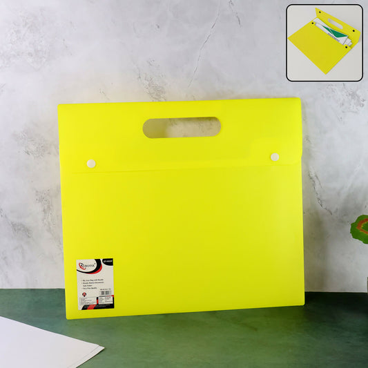 Plastic document folder with handle and button closure for office and school use