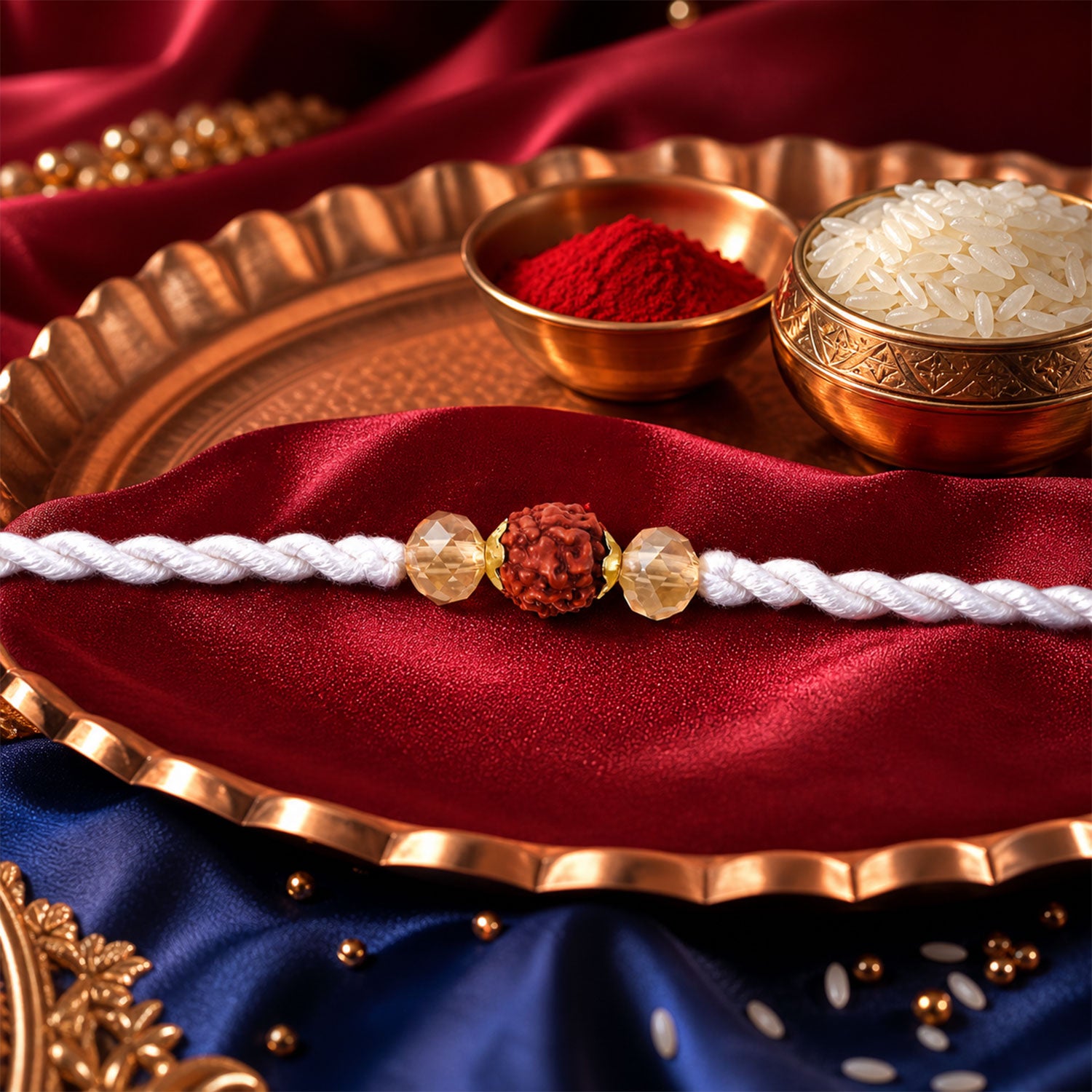 White-Red Thread Rakhi with Rudraksha and Sparkling Crystal Bead