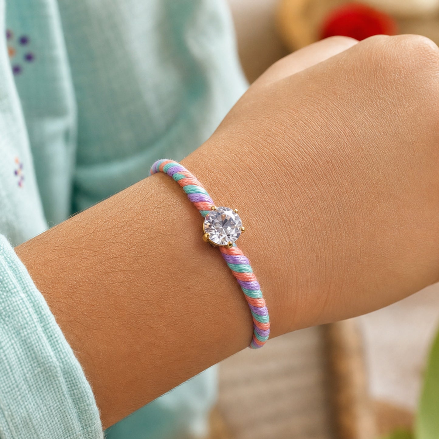 Multicolour Twisted Cord Rakhi with Sparkling Round Crystal Pendant