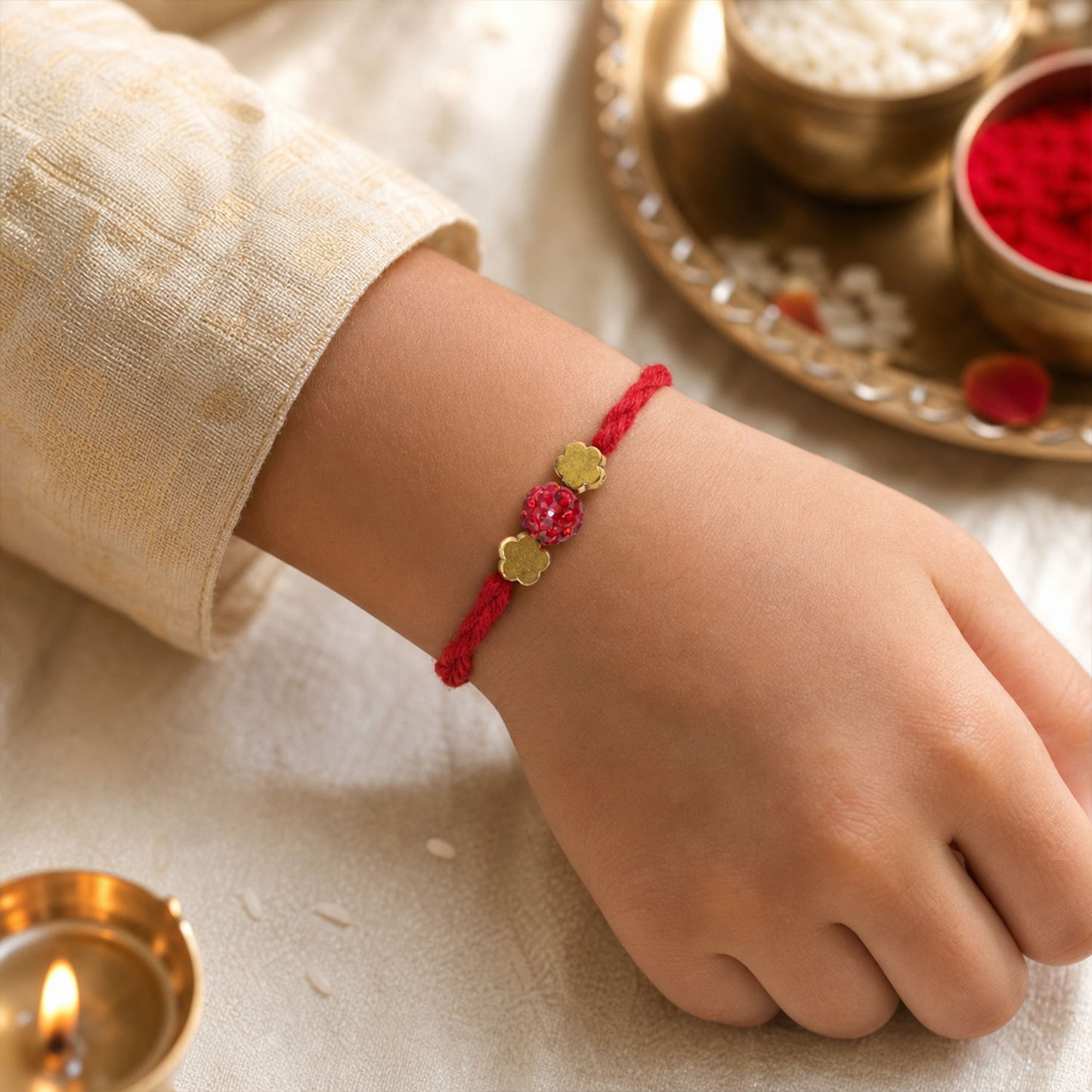 Red Thread Rakhi with Sparkling Red Ball Bead and Gold Flower Accents