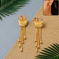 Gold Plated Boat Shape Textured Dangle Earrings with Multi Chain Tassel Drop Design