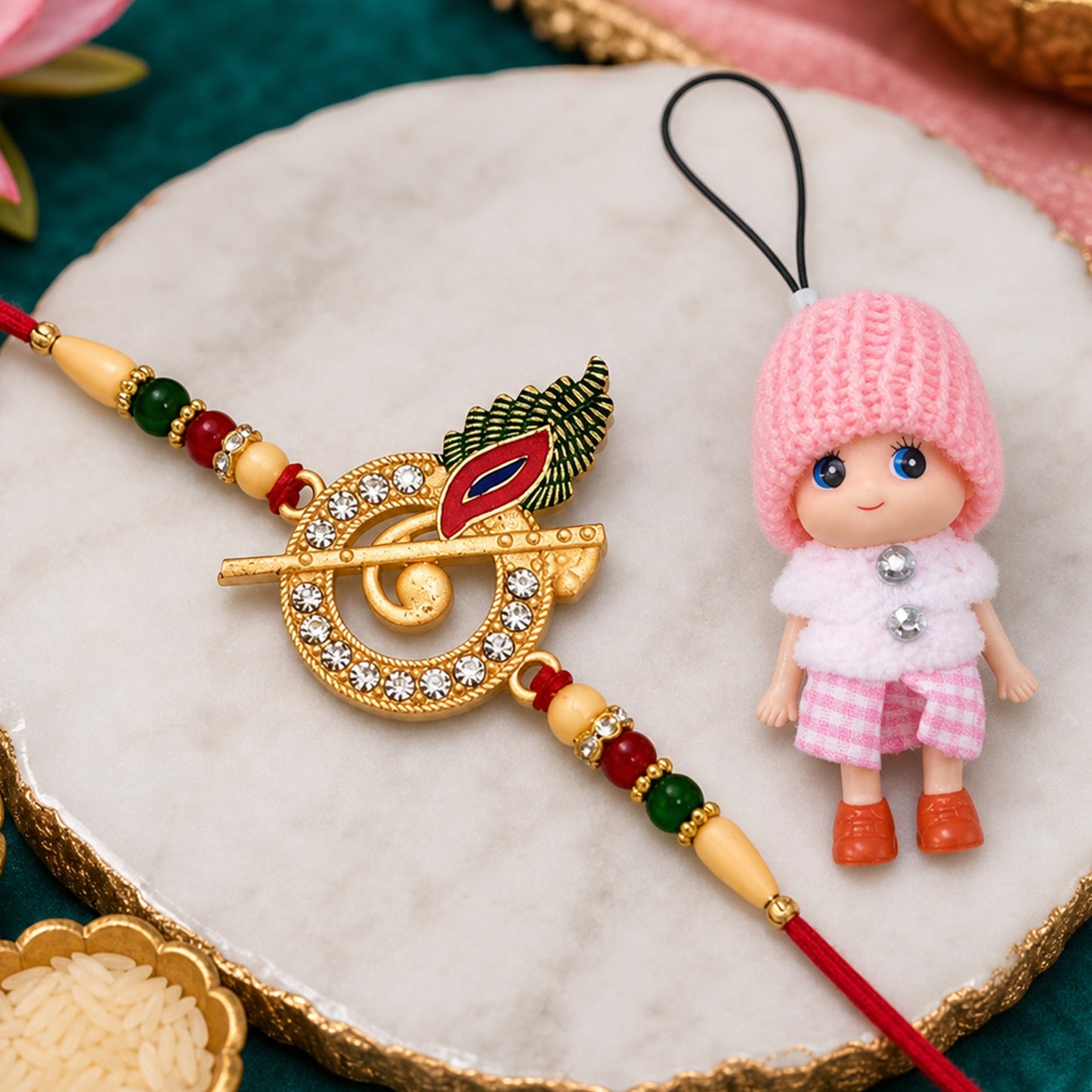 Krishna Bansuri Studded Crystal Rakhi with Cute Doll Keychain Combo (2 Pc)