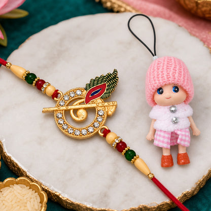 Krishna Bansuri Studded Crystal Rakhi with Cute Doll Keychain Combo (2 Pc)