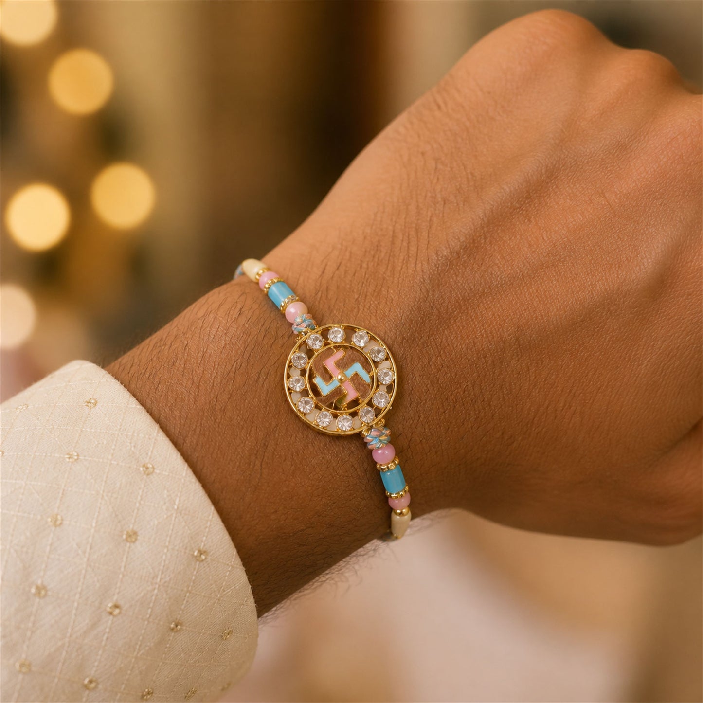 Divine Rakhi showcasing Swastik Circle Plaque, gold trims and chain look for Gift Use