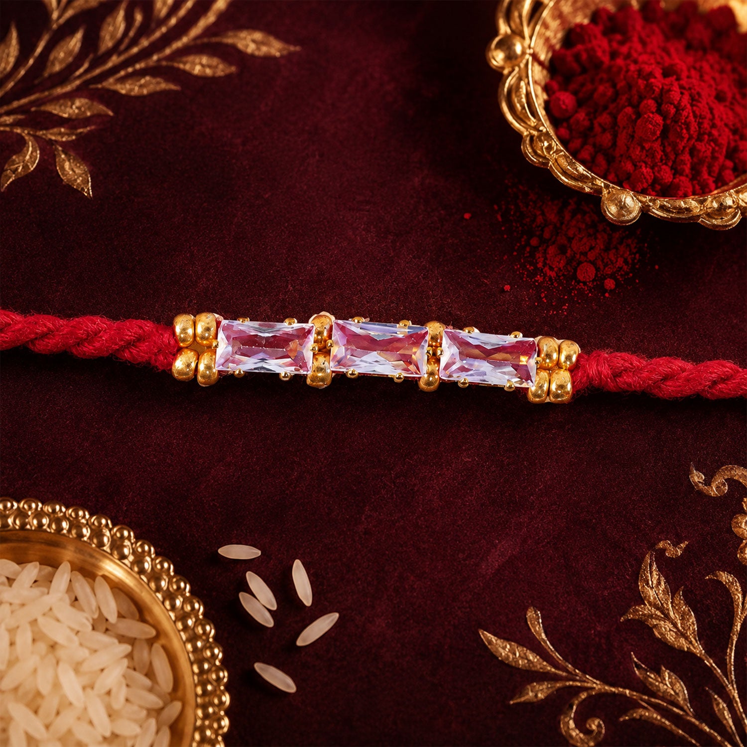 Red Thread Rakhi with a Row of Pink Baguette-Cut Crystal Beads