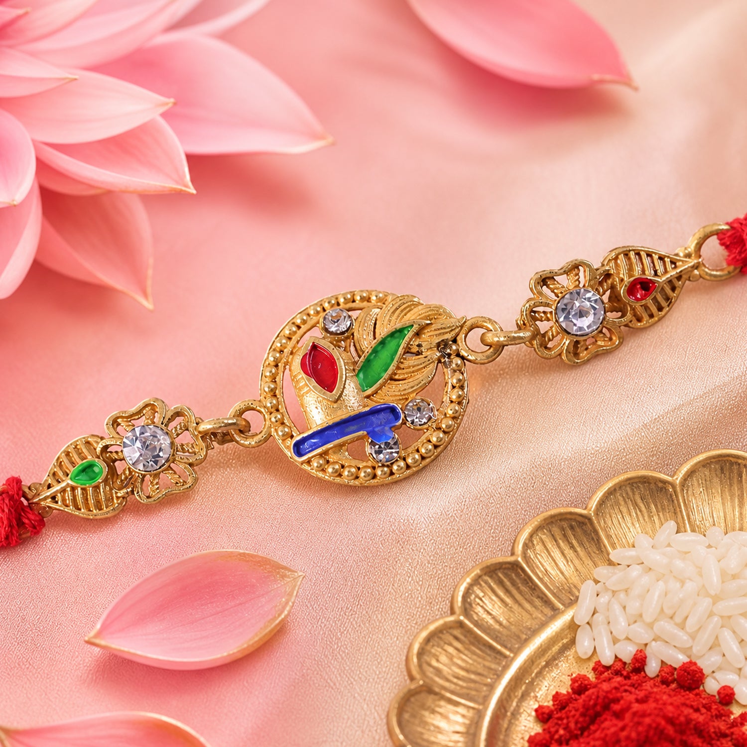 Ornate Rakhi featuring Oval Floral Charm, multicolor stones and chain look for Gift