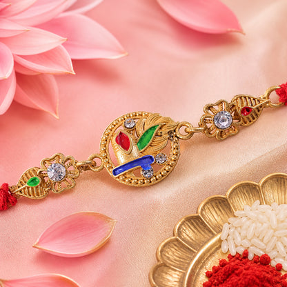 Ornate Rakhi featuring Oval Floral Charm, multicolor stones and chain look for Gift