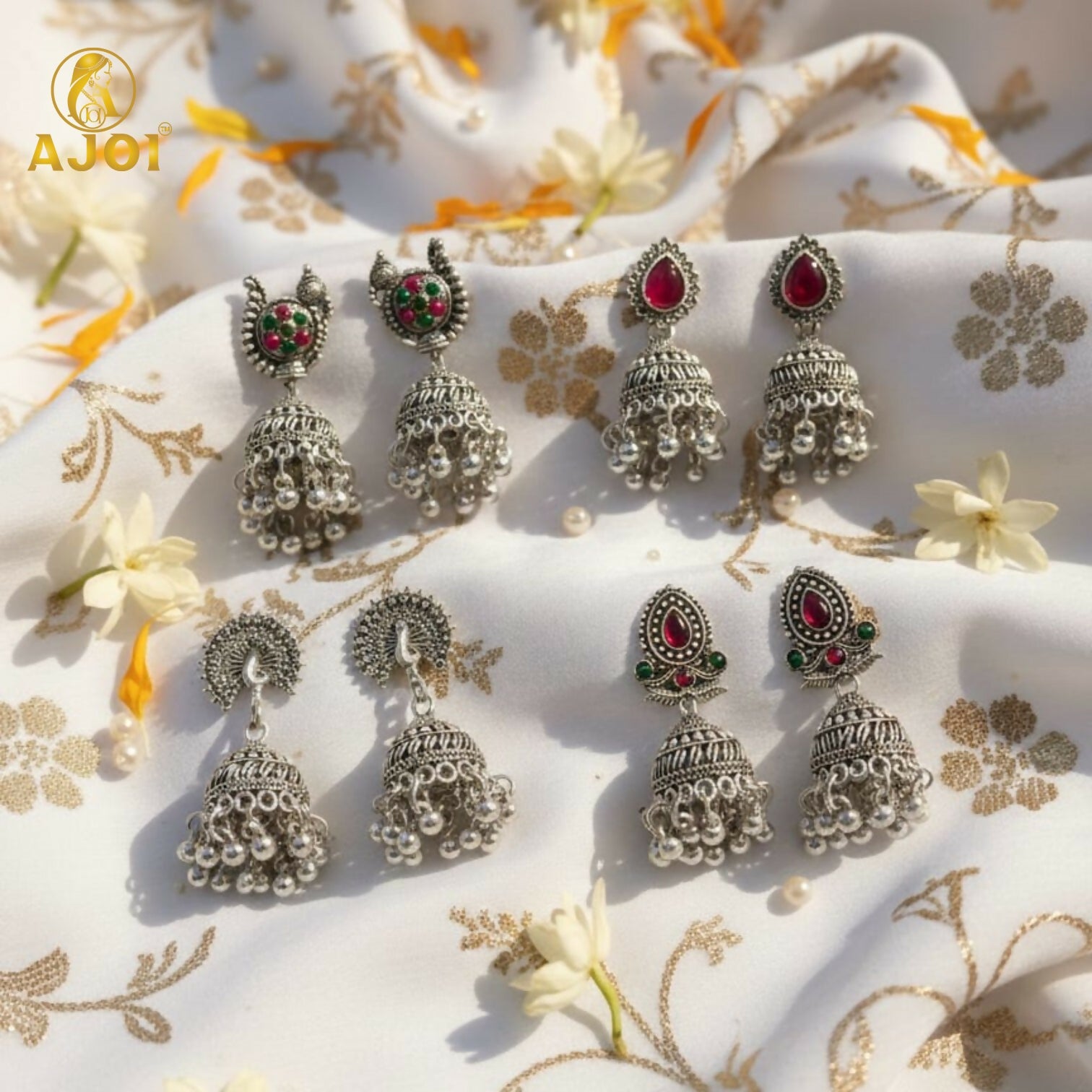 Oxidised Silver Traditional Jhumka Earrings Combo Set (4 Pairs) for Women & Girls