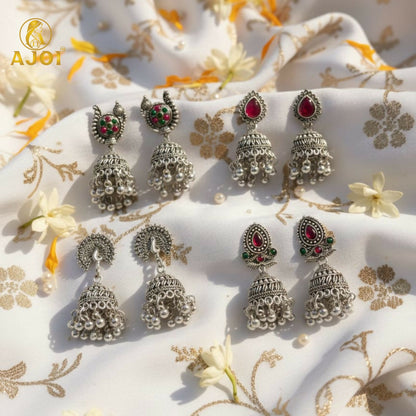 Oxidised Silver Traditional Jhumka Earrings Combo Set (4 Pairs) for Women & Girls