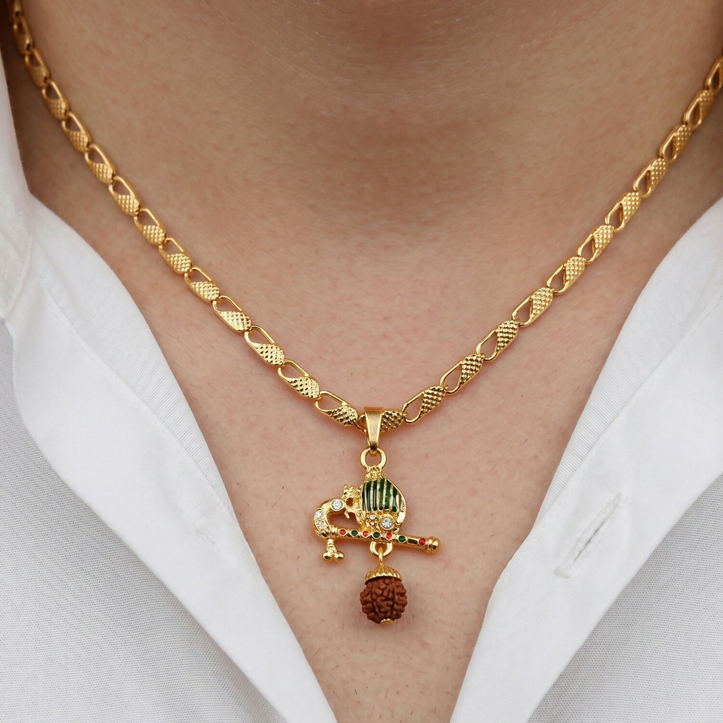 Spiritual gold pendant necklace with Mor Pankh, Rudraksha, and flute motifs