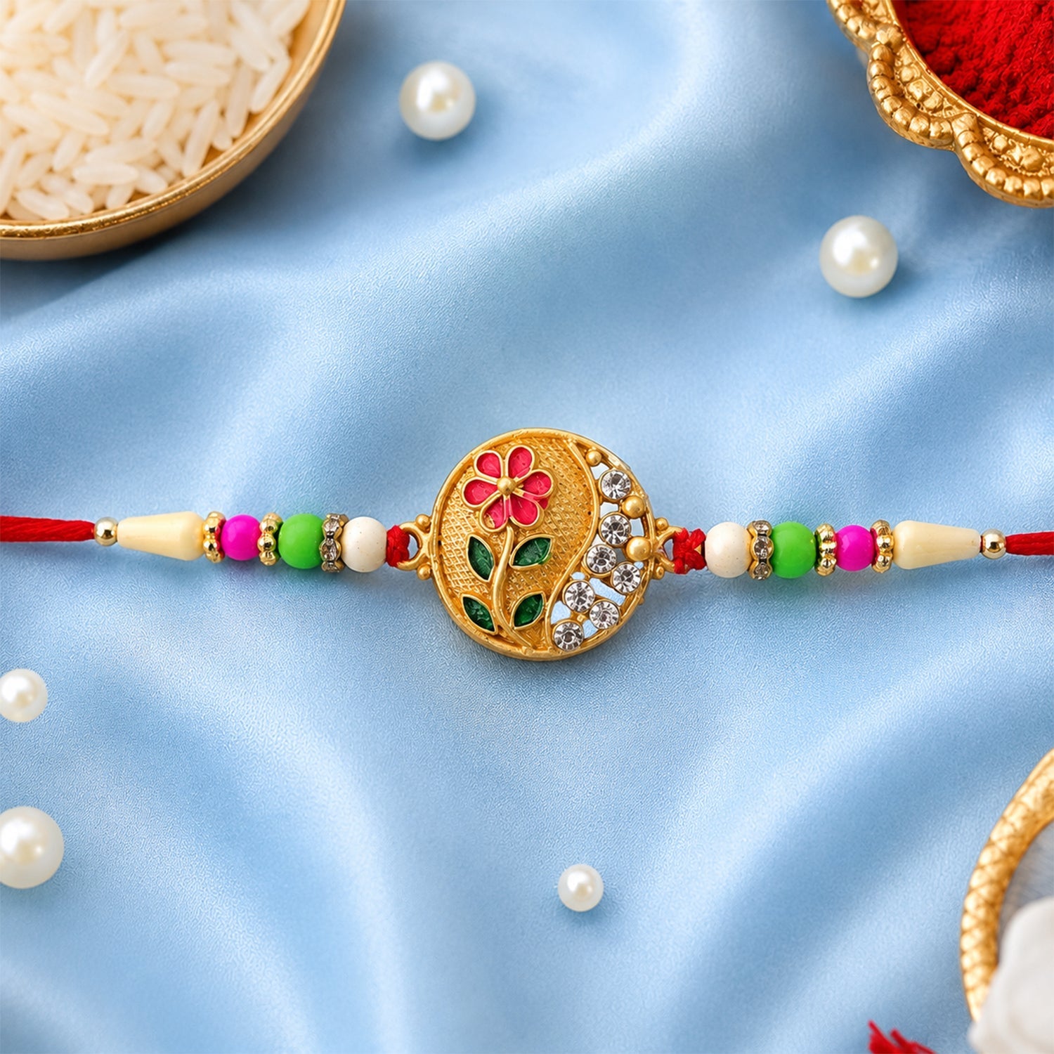 Flower Design Rakhi with Red and Green Beads Festive Elegance (5pcs)