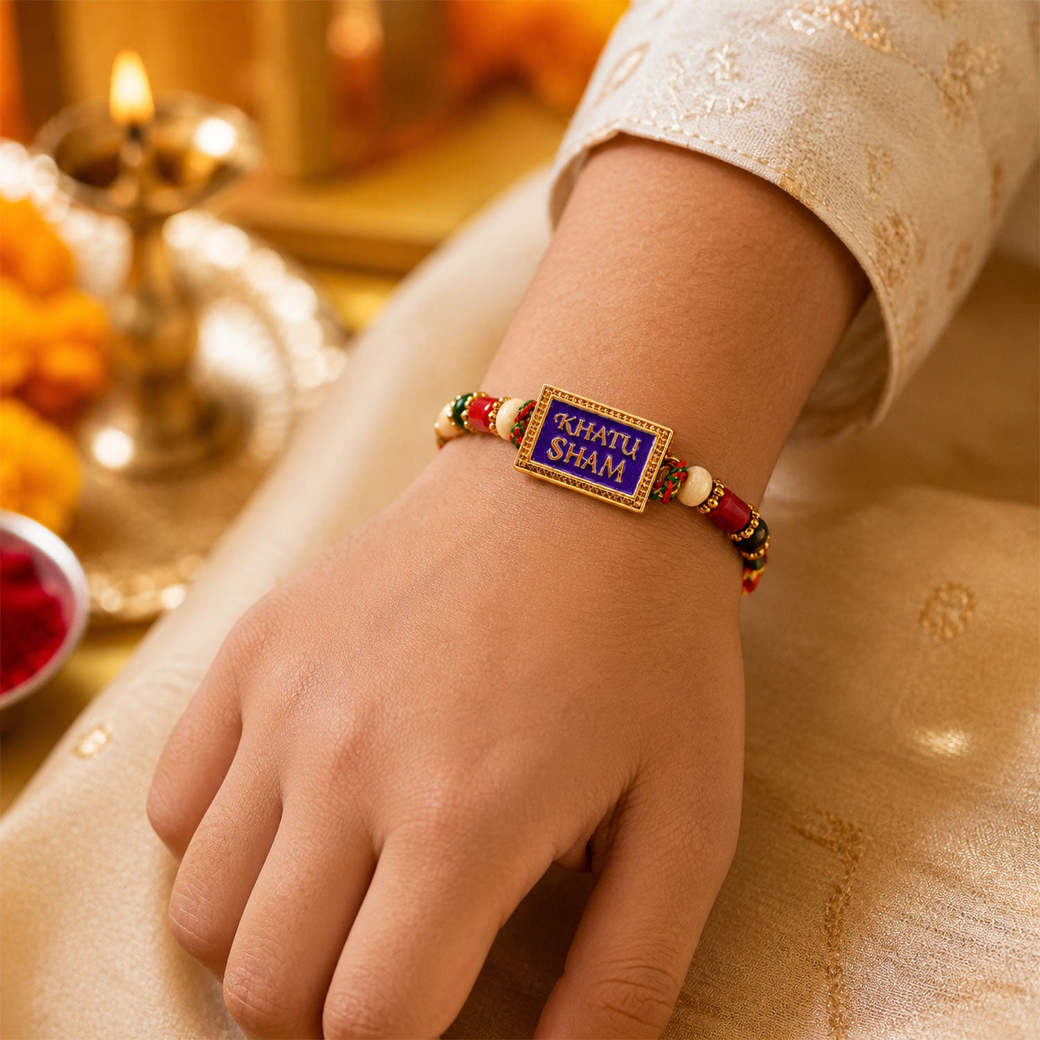 Khatu Shyam Text Pendant Rakhi with Multicolor Beads