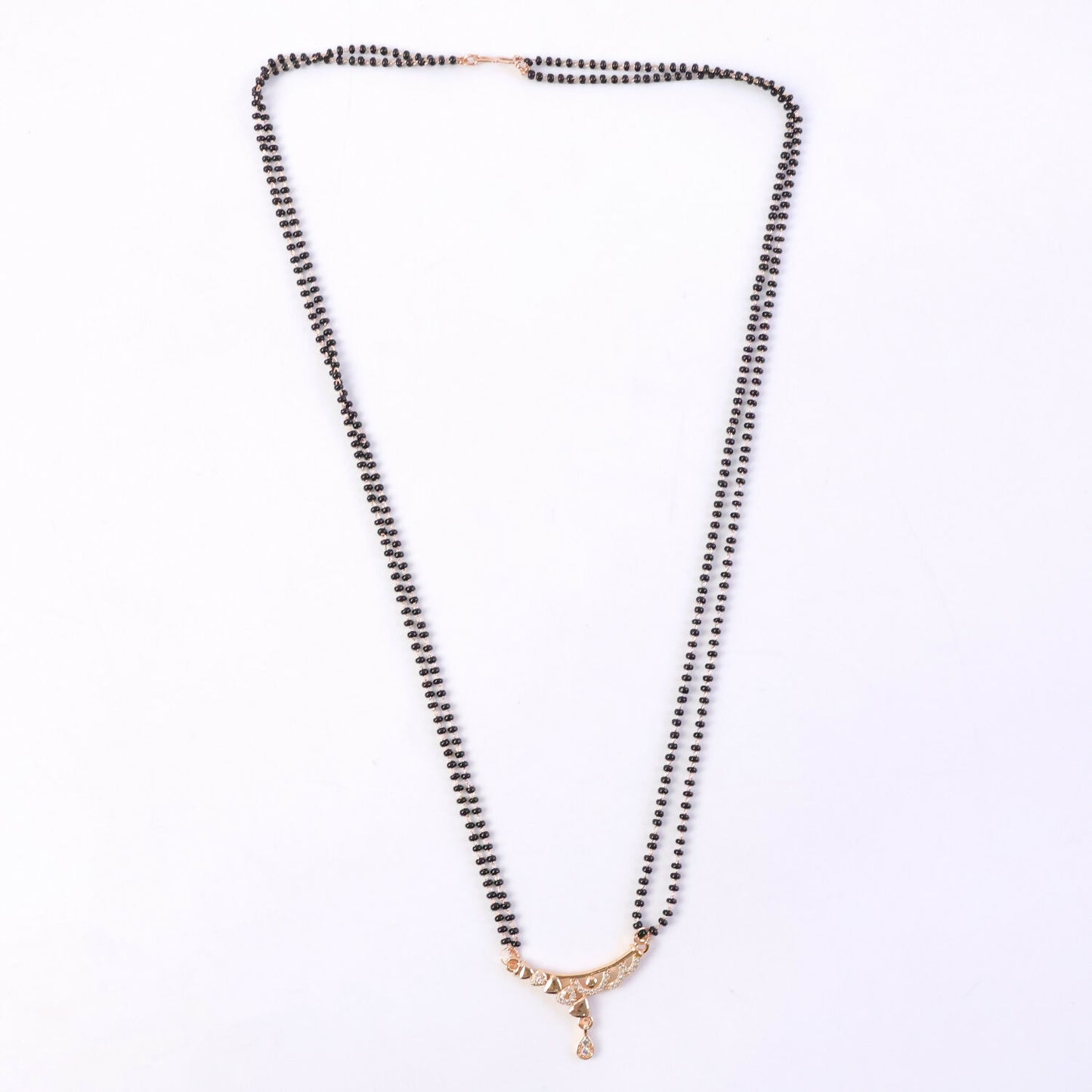 Rose Gold Finish Triple Strand Heart Charms & CZ Bar Mangalsutra with Teardrop Drop