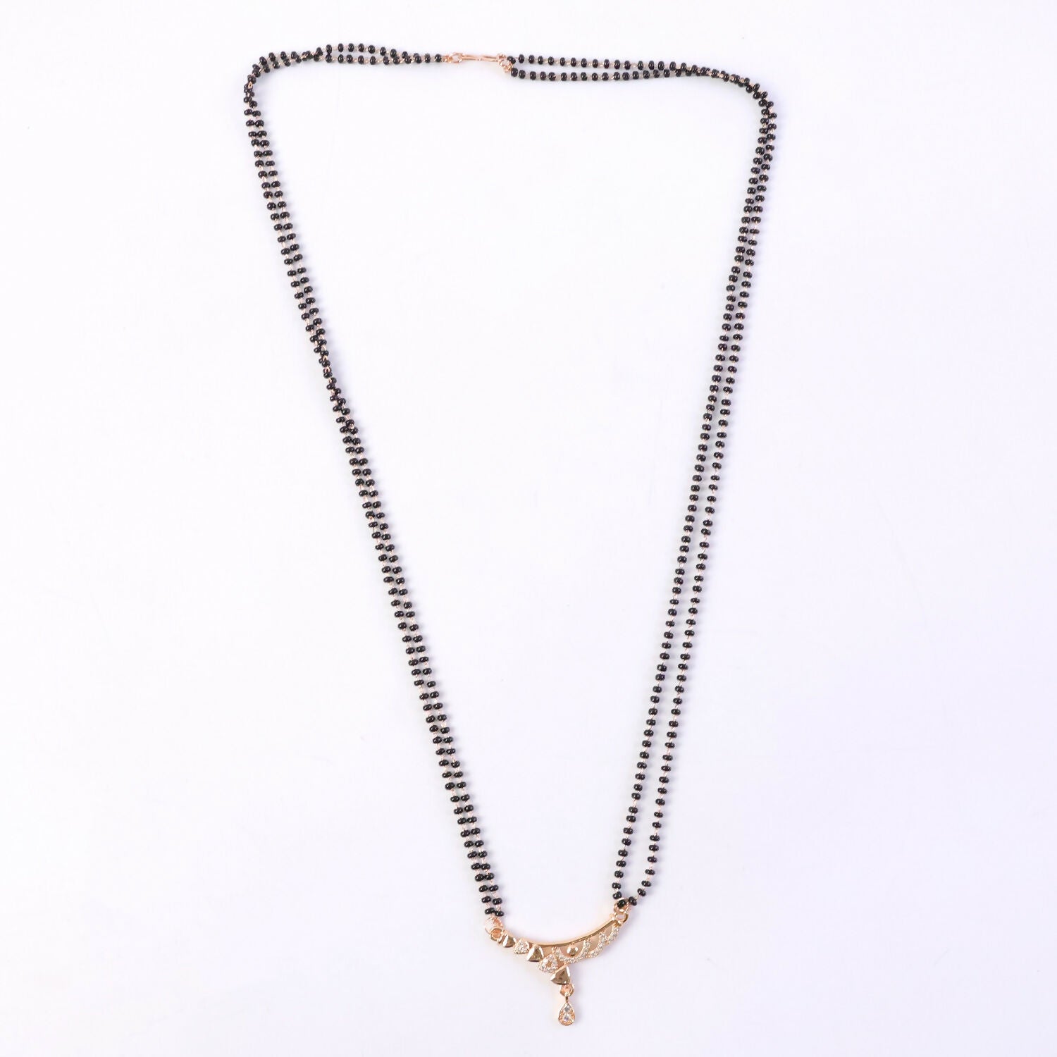 Rose Gold Finish Triple Strand Heart Charms & CZ Bar Mangalsutra with Teardrop Drop