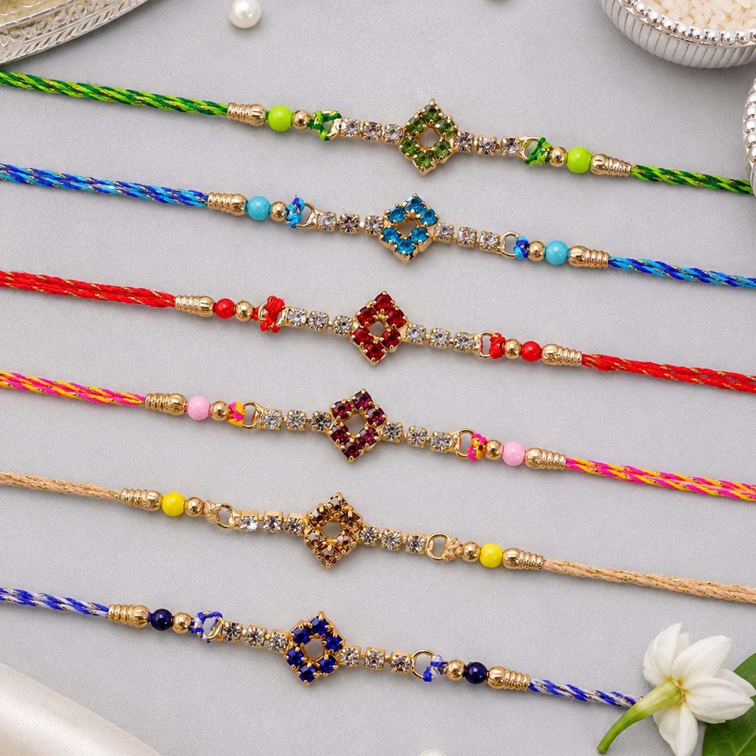 Open Diamond Frame Rakhi with AD Stonework for Brother (Pack of 6)