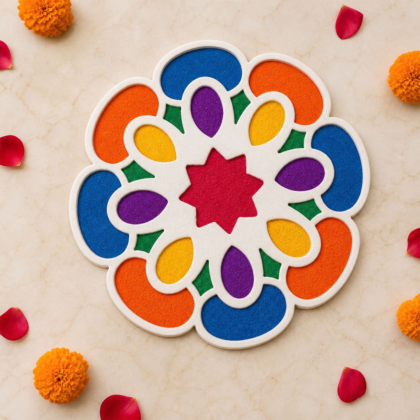 Wooden Rangoli Stencil Set with 4 Reusable Floral Designs for Diwali & Pooja Decor