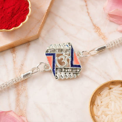 Om Stylish Square Motif Studded Enamel Silver Chain Designer Rakhi